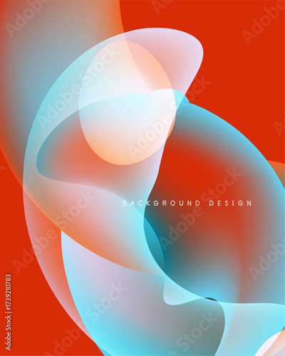Abstract fluid shapes overlap, creating vibrant color blends. Red background enhances flowing design elements. Modern, dynamic composition.