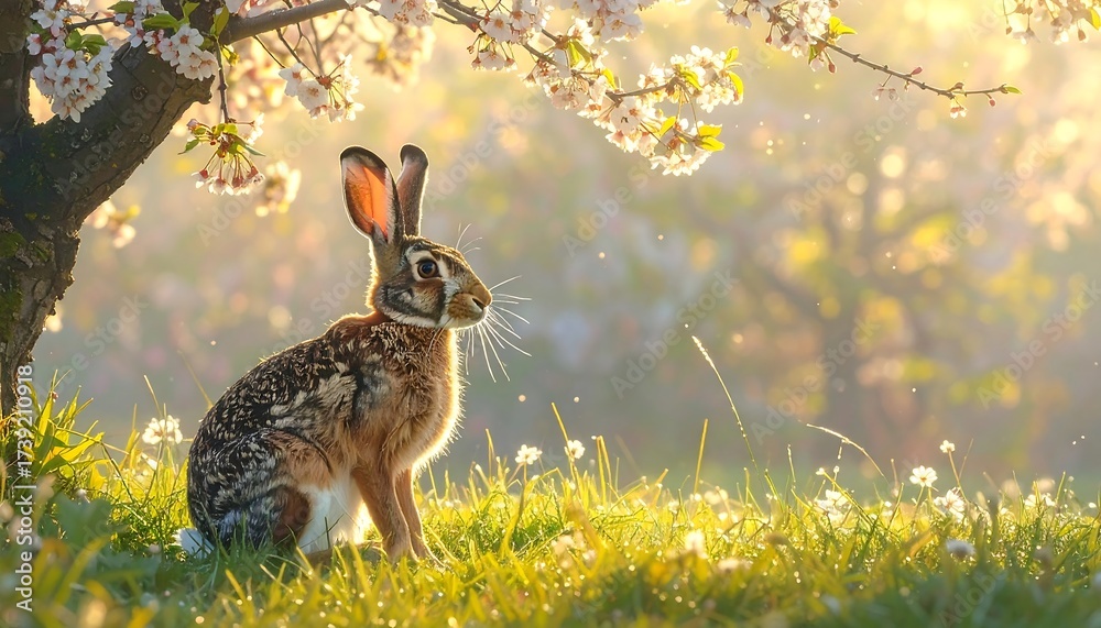 Obraz premium Enchanting Spring Morning - Hare Bathed in Golden Sunlight Under Blooming Cherry Tree.