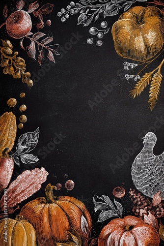 Chalkboard Thanksgiving template with pumpkins and turkey.