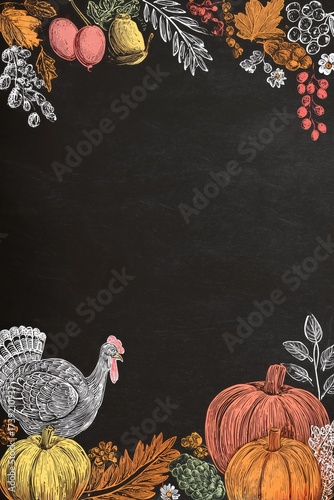 Chalkboard Thanksgiving border with pumpkins and turkey.