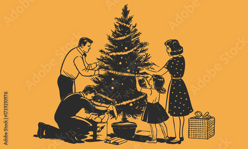 Retro illustration of family decorating Christmas tree together with ornaments and tinsel.