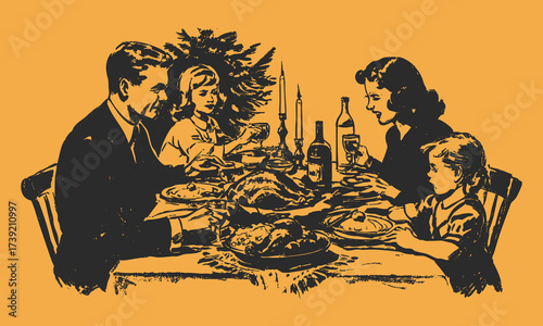 Retro illustration of family seated at festive table with turkey, wine, holiday decor.