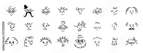 Hand drawn crayon emoticon set. Colorful doodle style emoji faces with various moods and feelings. Vector cartoon character icons.