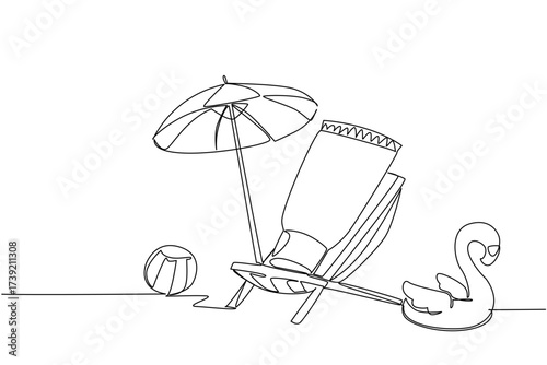 Single continuous line drawing tube sunscreen on a beach chair with an umbrella, balls and flamingo shaped floats. Play safely on the beach. National Sunscreen Day. One line design vector illustration