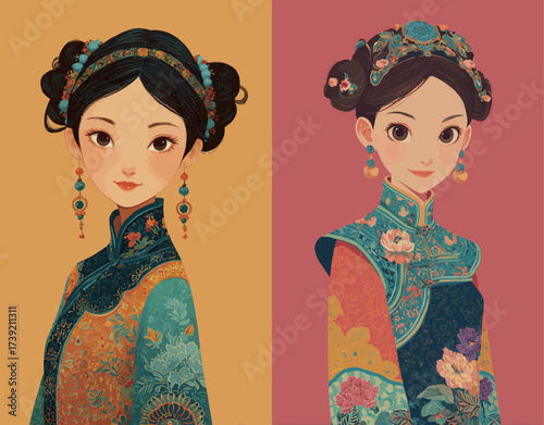 Two women wearing vibrant traditional costumes showcase intricate hairstyles and accessories against contrasting backgrounds. The artwork highlights cultural beauty.