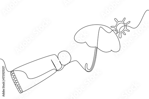 Continuous one line drawing open sunscreen tube with contents forming an umbrella and sun. Symbol. Protects from the hot sun. Block. National Sunscreen Day. Single line draw design vector illustration