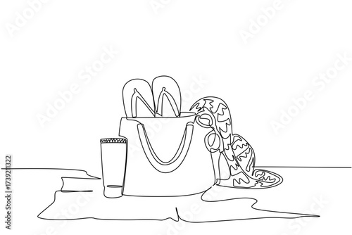 Single one line drawing tube of sunscreen, sunglasses, bag, woven hat and flip flops on the mat. Play equipment in summer. Protect. National Sunscreen Day. Continuous line design graphic illustration