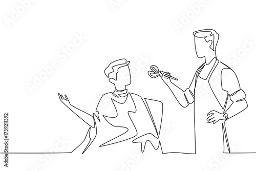 Single one line drawing barber holds scissors talks to man wearing body covering. Asking for suggestions. National Hairstylist Mental Health Awareness Day. Continuous line design graphic illustration