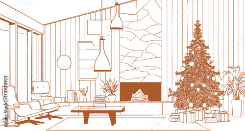 Minimal line illustration of living room with Christmas tree, fireplace, chairs, and seasonal decorations.