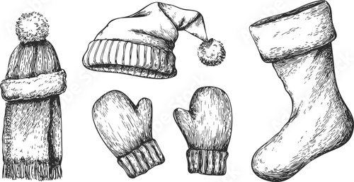 Hand drawn sketch set of winter clothing items. Knitted hat, mittens, stocking, Santa hat in vintage line style.