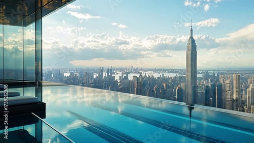 Panoramic city view rooftop pool