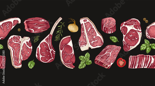Hand drawn beef seamless border vector