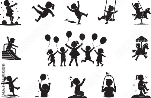 Joyful silhouette illustrations of children playing with balloons and enjoying activities