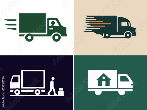 Four distinct truck icons illustrate the theme of delivery and moving. Each design captures the essence of transporting goods and home relocation.