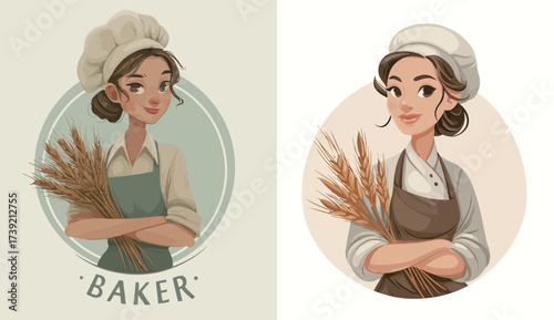 A baker stands confidently with wheat sheaves in hand, wearing a chefs coat and apron, highlighting her expertise in baking. The scene reflects a warm, inviting atmosphere.