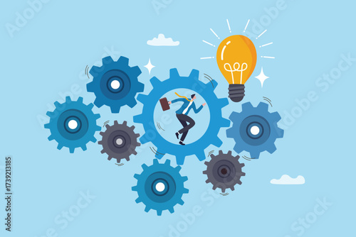 Improve efficiency or productivity, progress or process improvement, solution or strategy to solve problem, performance to upgrade workflow, businessman run on cogwheels to improve efficiency system.