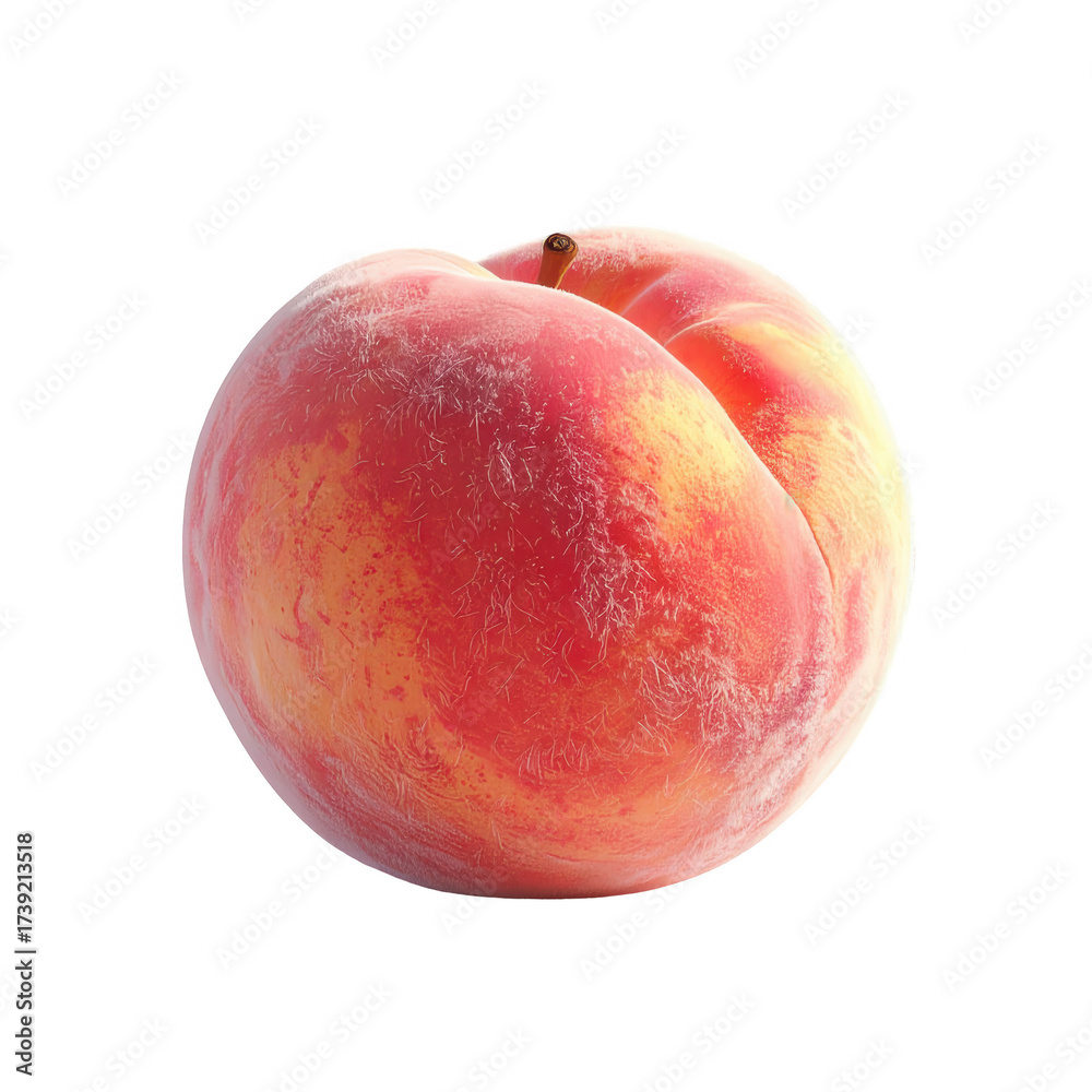Fototapeta premium Fresh, ripe peach with vibrant red and orange hues, showcasing detailed texture of its fuzzy skin and contrasting against a dark, solid black background for a high-key shot capturing the appetizing.