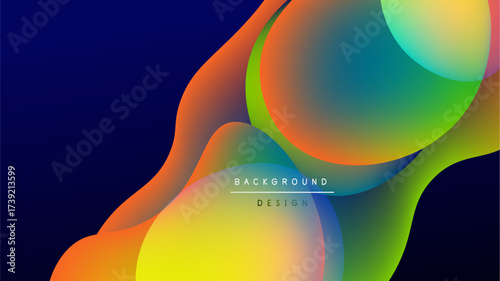 Abstract fluid shapes blend vibrant colors. Gradient transitions create dynamic visual effect. Dark background emphasizes bright forms.