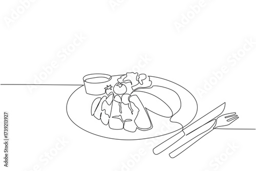 Single continuous line drawing sliced ​​brisket with barbecue sauce, broccoli and some tomatoes, knife and fork. A very delicious dinner. National Brisket Day. One line design vector illustration