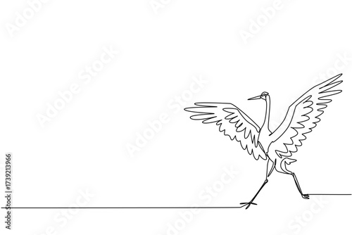 Single one line drawing whooping crane running with wings spread. Attacking posture to defend against predators. Defending the territory Whooping Crane Day. Continuous line design graphic illustration