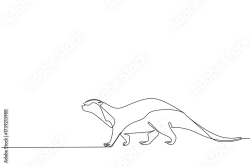 Single continuous line drawing otter is walking. Taking a leisurely stroll to find water to soak in. Adorable behavior during the summer. Wildlife. World Otter Day. One line design vector illustration