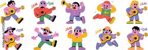 Energetic Music Band Characters Performing Live, Jamming in a Colorful Concert Setting, Ideal for Entertainment Advertising and Music Education Illustrations, Retro Cartoon Style with Bold Colors and