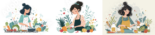 Three scenes show a young woman happily preparing meals with fresh vegetables. She is focused, wearing an apron, and enjoying her cooking time with nature-inspired decor.