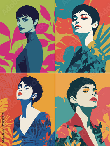 Stylish woman poses in a vibrant portrait series showcasing rich colors and tropical patterns in four different settings. Each pose highlights her unique expression.