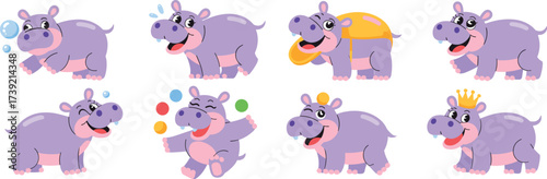 Playful Hippopotamus Cartoon Character Set Expressing Joy & Fun in Various Activities:  Bubbles, Juggling, Frisbee, Crown, Winking & Smiles for Children's Education, Entertainment, Animal Illustration