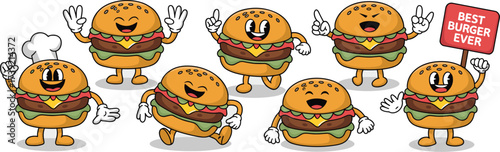 Cartoon Burger Characters Celebrating Best Burger Ever: Mascot Group Promoting Restaurant Menu, Food Service, and Fast Food Fun with Retro Vintage Style. Great for Branding, Marketing, Advertising, or