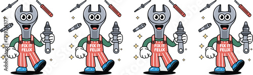 Whimsical Wrench Cartoon Character Repairing with Tools Against Neutral Background, Fix-It Felix Mascot for Construction, Maintenance, Building Industries, Playful Design with Retro Charm, Service Adv