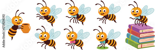 Delightful Honeybees Gathering Nectar and Learning on Books - Charming Illustration Featuring Adorable Bees Collecting Honey with a Pot and Bowties in a Whimsical School Setting, Ideal for Education &