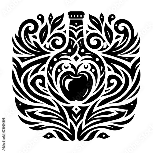Decorative black and white illustration of a cider bottle with apple  
