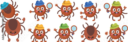 Cartoon Ticks Detectives Investigating Cases: Funny Acarus Characters Holding Magnifying Glasses & Wearing Hats, Searching for Clues in Nature, Educational Illustration, Microbiology, Veterinary Medic