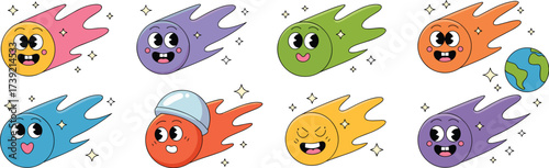 Retro Cartoon Comets Flying in Space with Smiling Faces and Colorful Tails, Cosmic Character Set Illustration for Children's Education, Science, Technology, Astronomy, Nostalgic, Vintage Style Design
