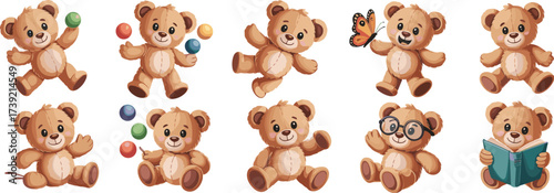 Charming Teddy Bear Collection: A Variety of Adorable Poses and Activities, Perfect for Children's Books, Educational Materials, or Whimsical Decor, featuring Playful Expressions, Bright Colors, and H