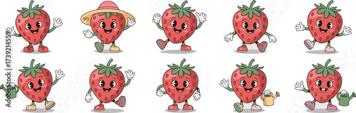 Retro Cartoon Strawberry Characters Posing and Waving, Vintage Style Mascot Set for Branding, Marketing, and Social Media, Cute Fruit with Attitude for Children's Designs and Educational Content 1950s