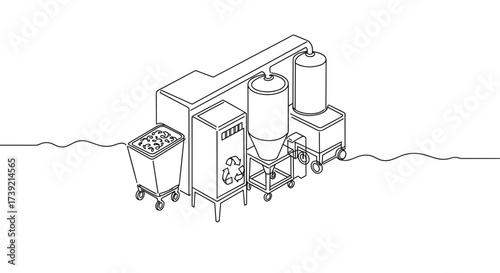Recycling facility illustration with machinery and containers outlined  