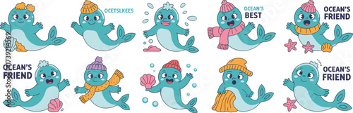 Cute Seal Characters Having Fun in the Ocean, Playful Marine Animals with Hats, Scarves, Seashells, Starfish and Bubbles, Cartoon Sea Life Illustrations for Kids Books and Educational Materials, Cheer