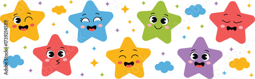Cheerful Cartoon Stars Expressing Emotions on White Backdrop - Whimsical Celestial Characters for Children's Education, Entertainment, Nursery Decor, Baby Shower Invitations, Colorful Kids Design Elem