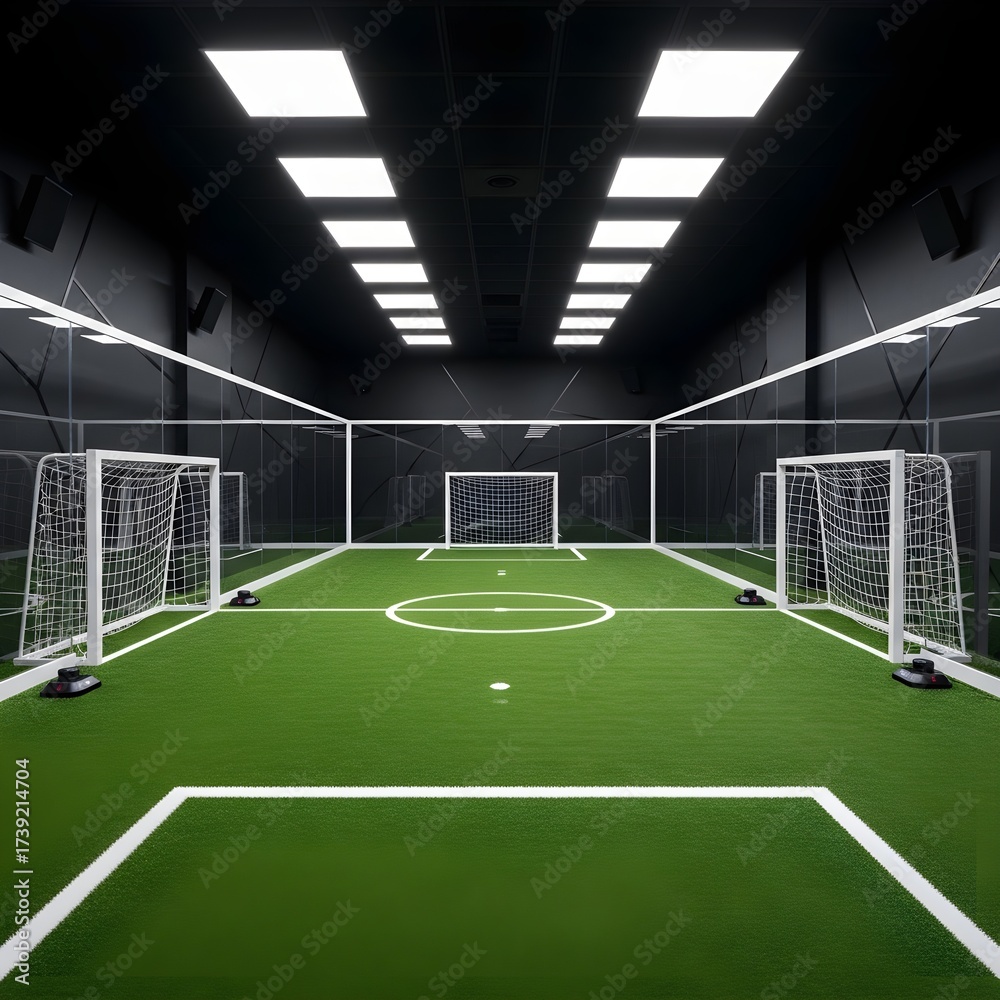Fototapeta premium Indoor Soccer Field with Artificial Turf and Goals A Modern Sports Facility
