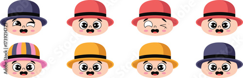 Cartoon Faces Wearing Colorful Hats with Expressions of Surprise, Joy, and Mischief on a White Background, Perfect for Children's Education and Playful Graphic Design Projects, Promoting Fun, Creativi