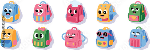 Playful Cartoon Backpacks Collection: Expressive School Bags for Children's Education, Whimsical Characters for Back-to-School, Cheerful Faces, Fun Designs in Vibrant Colors, Illustration Set for Kids