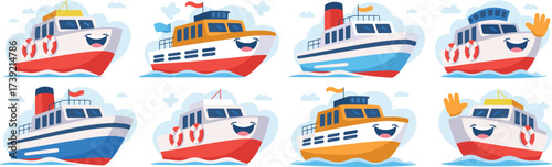 Cheerful Cartoon Ferry Boats Cruising on Water - Colorful Illustration of Smiling Passenger Ships, Transport Vessels, Nautical Travel, Vacation, Kids' Entertainment, Shipping, Marine Transport, Educat