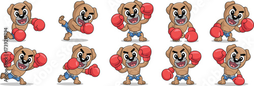 Cartoon Brown Dog Boxer Character Punching Posing in Boxing Ring Arena Background, Aggressive Puppy Training for Fight Sport Competition, Mascot Logo Illustration for Sports Team, Fitness Motivation,