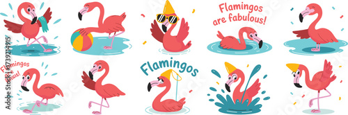 Whimsical Flamingo Character Illustrations Set: Playful Tropical Birds Celebrating Summer Fun on Vacation, Perfect for Children's Party Invitations, Cute Animal Clip Art, Educational Resources, and Fa