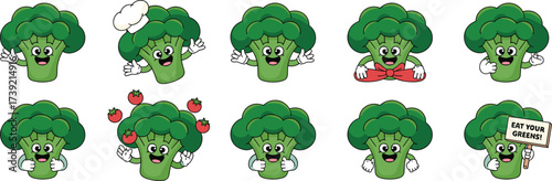 Happy Broccoli Cartoon Characters Promoting Healthy Eating Habits in Playful Scenes, Mascot Collection for Food Industry, Nutrition Education & Children's Health Campaigns, Funny Vegetables Graphics,