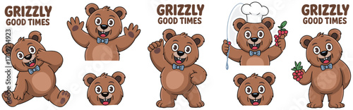 Playful Grizzly Bear Cartoon Characters Celebrating Good Times: Mascot Illustrations in Various Poses for Children's Projects, Branding, Mascot, Educational Resources, and Animated Storytelling Featur