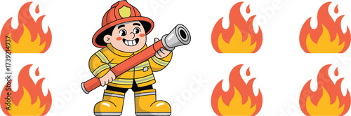 Brave Firefighter Extinguishing Flames in a Cartoonish Inferno: Protection, Safety, and Heroism in Action, Illustrating Emergency Services, Community Support, and Fire Prevention Education for Childre