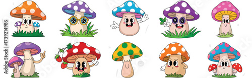 Whimsical Mushroom Characters Dancing in a Psychedelic Forest Glade: Fun Cartoon Fungi Illustrations for Children's Book, Colorful Nature-Themed Designs, Playful Retro Vintage Style, Magical Woodland